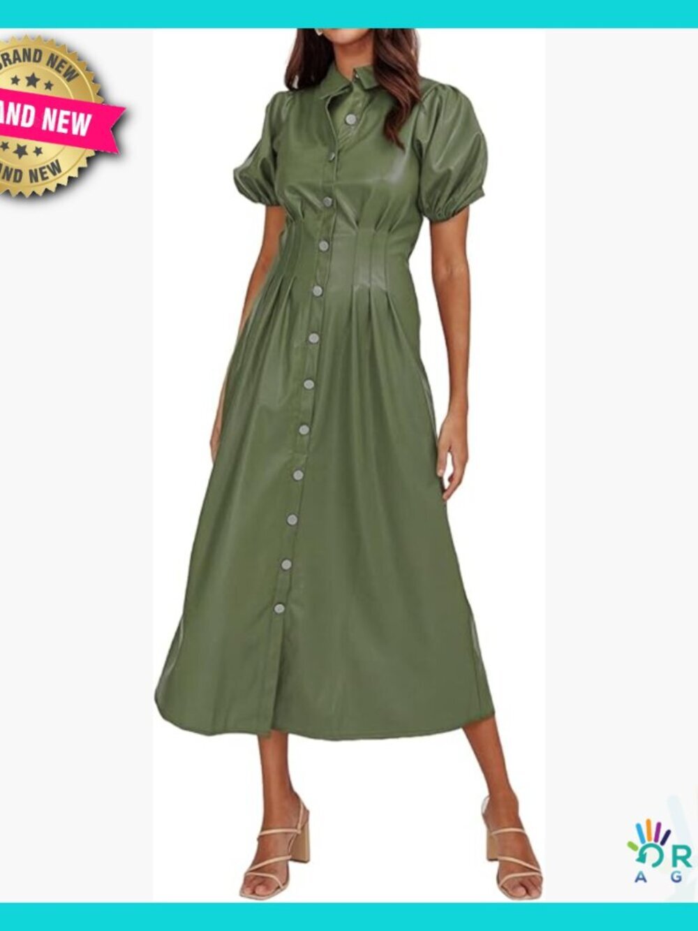 Faux Leather Lapel Collar Pleated Midi Dress Short Sleeve A-Line Chic